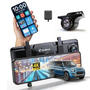 Rugha N6 Pro CarPlay 4K Smart Mirror Dash Cam with GPS, WiFi, G-Sensor, large 11.26-inch IPS Touchscreen Display, & 24‑Hour Parking Monitor