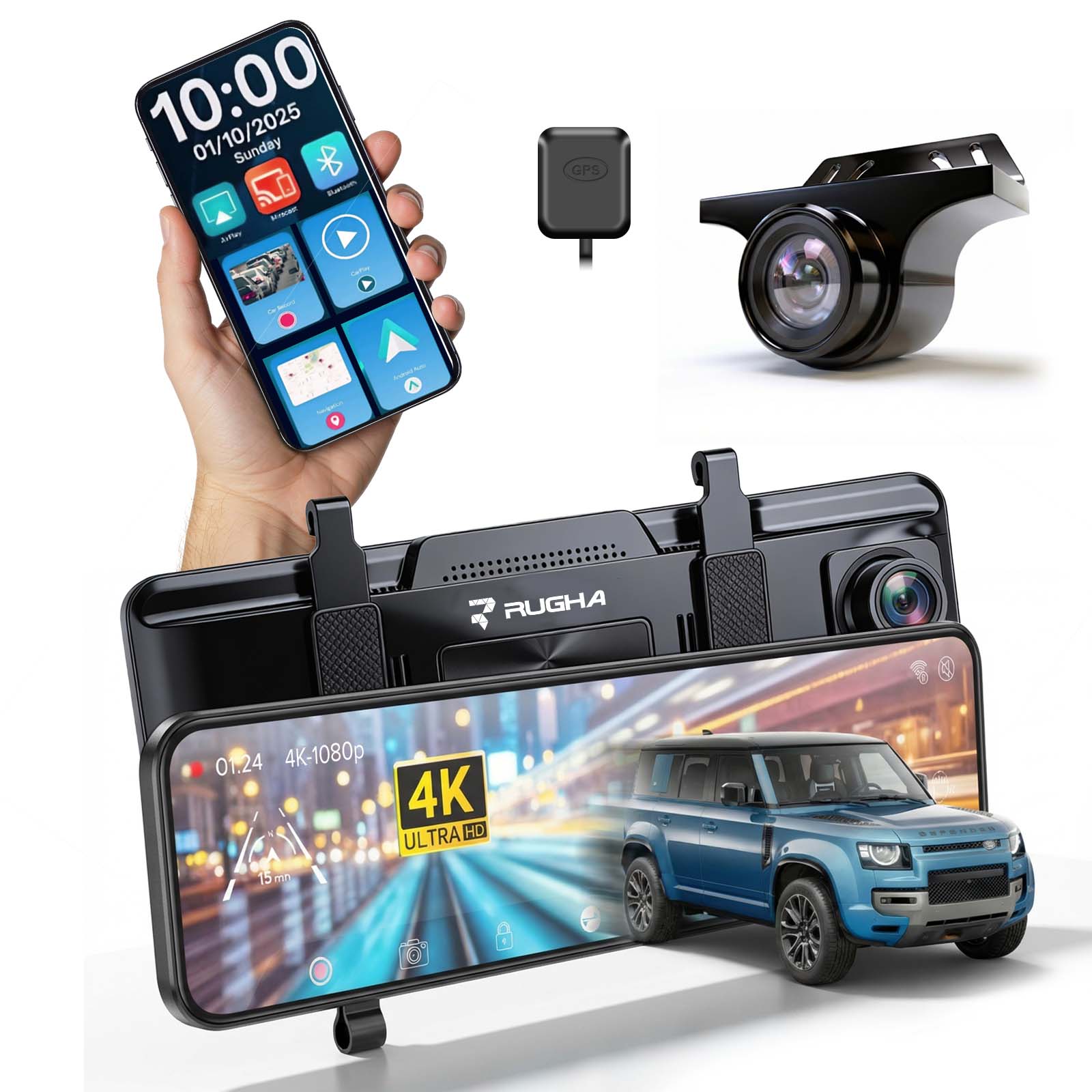 Rugha N6 Pro CarPlay 4K Smart Mirror Dash Cam with GPS, WiFi, G-Sensor, large 11.26-inch IPS Touchscreen Display, & 24‑Hour Parking Monitor